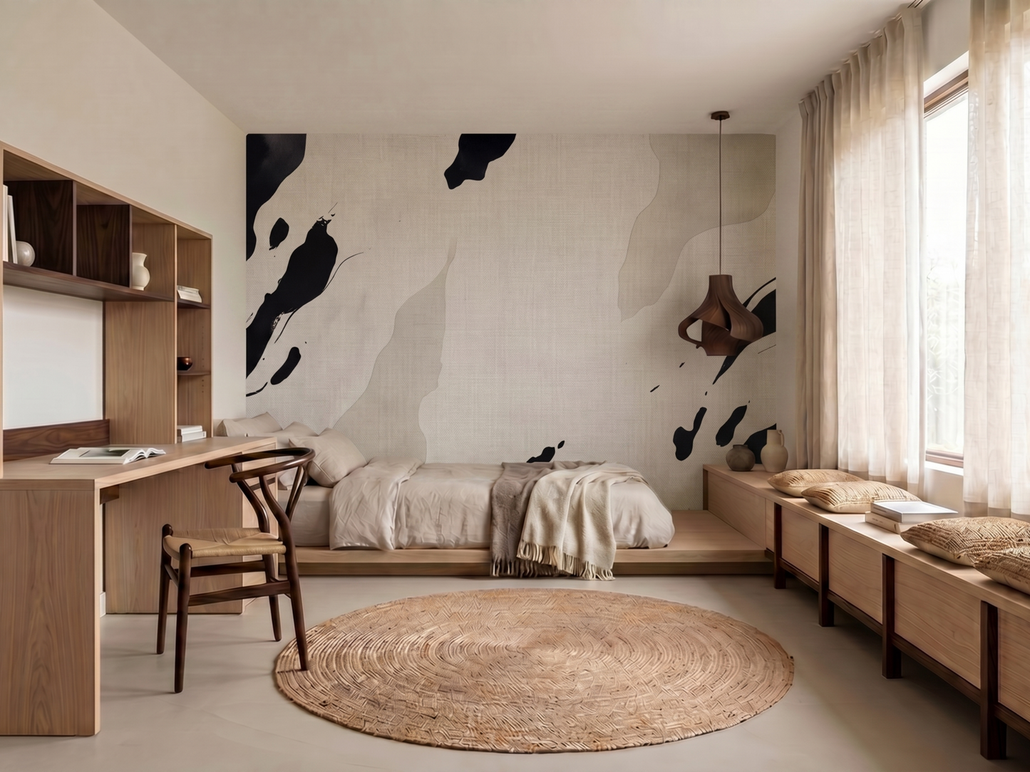 Close-up of Sumi Flow mural wallpaper showing ink wash brush detail