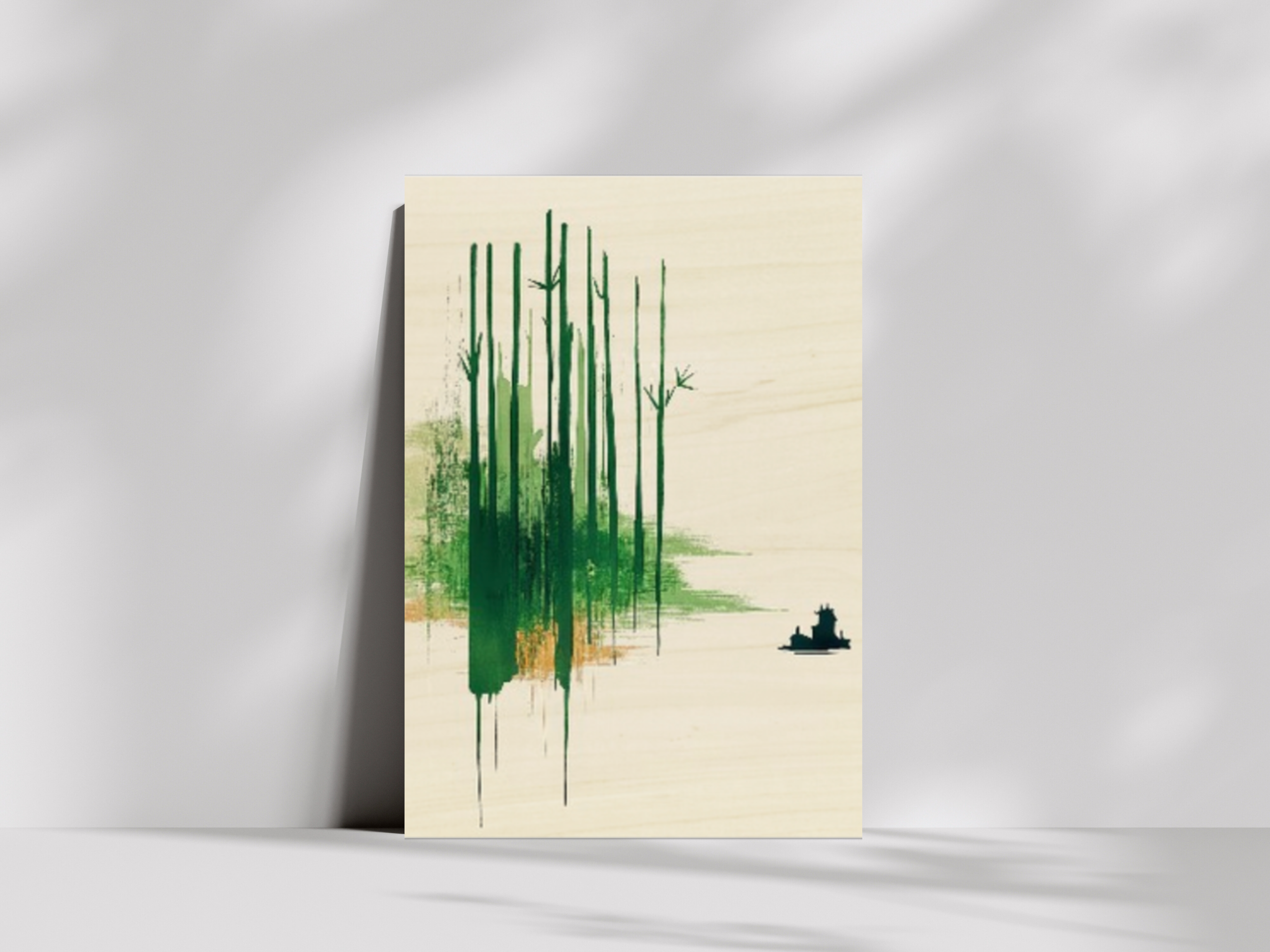 Take Serenity Japandi wooden wall art, bamboo grove in soft green washes on a living room wall