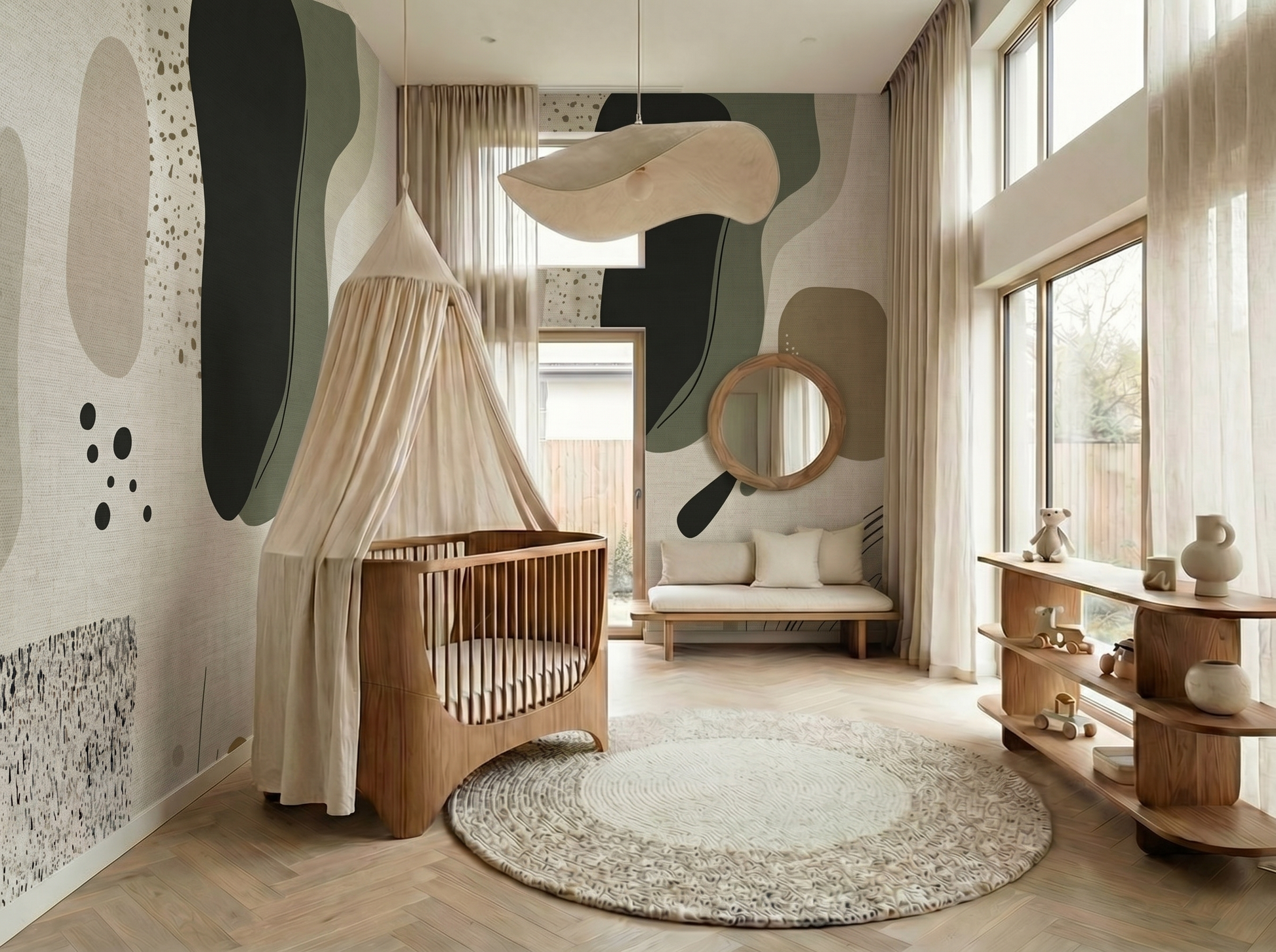 Take Speckle Japandi mural wallpaper, soft speckled bamboo texture in neutral tones on a living room wall