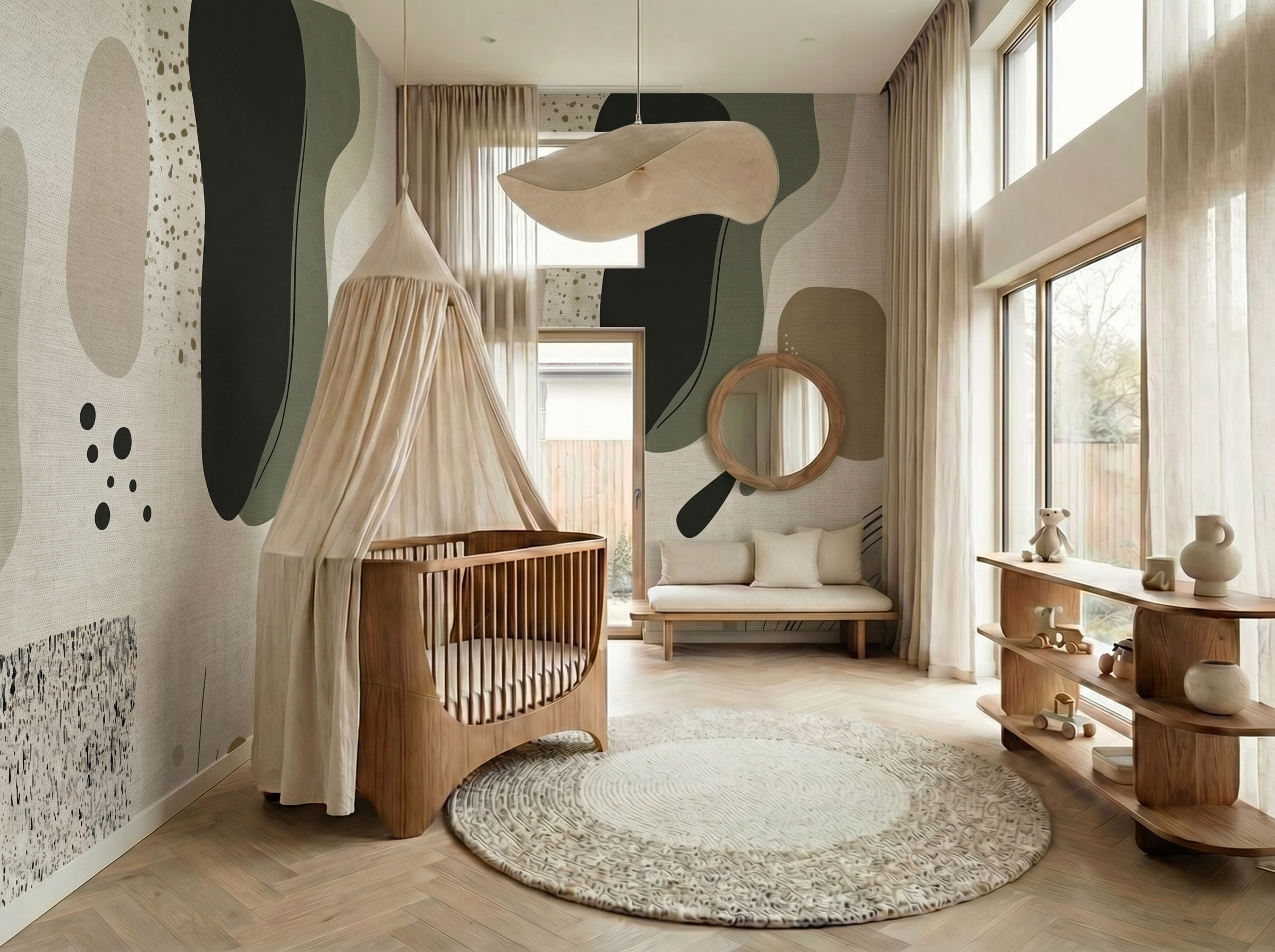 Take Speckle Japandi mural wallpaper, soft speckled bamboo texture in neutral tones on a living room wall