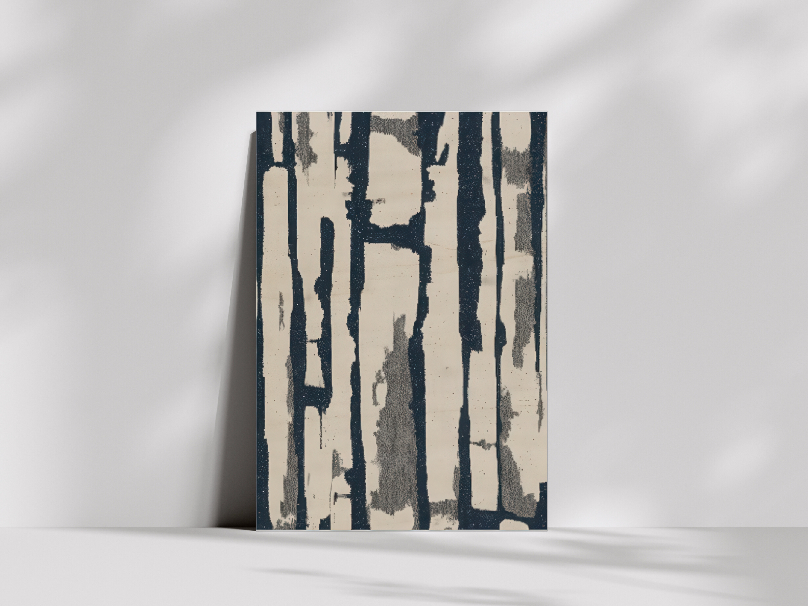 Takekage Shadows Japandi wooden wall art, vertical charcoal and ivory strokes on a living room wall