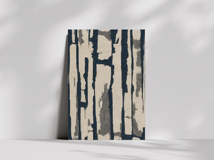 Takekage Shadows Japandi wooden wall art, vertical charcoal and ivory strokes on a living room wall