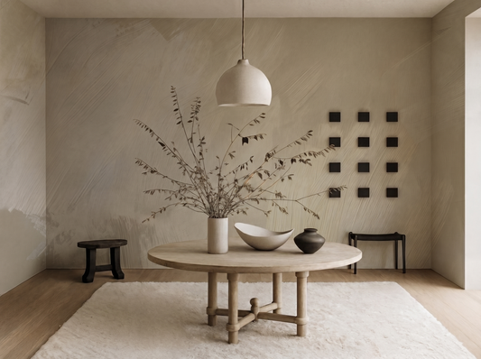 Teru Brush Japandi mural wallpaper, soft warm brushstrokes in neutral tones on a study wall