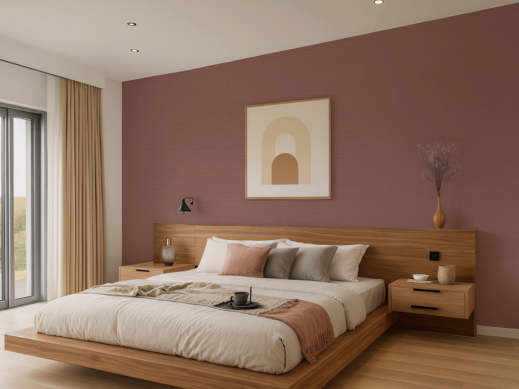 Tokiasagi Japandi quiet colour wallpaper, soft blush-toned hue on a bedroom wall