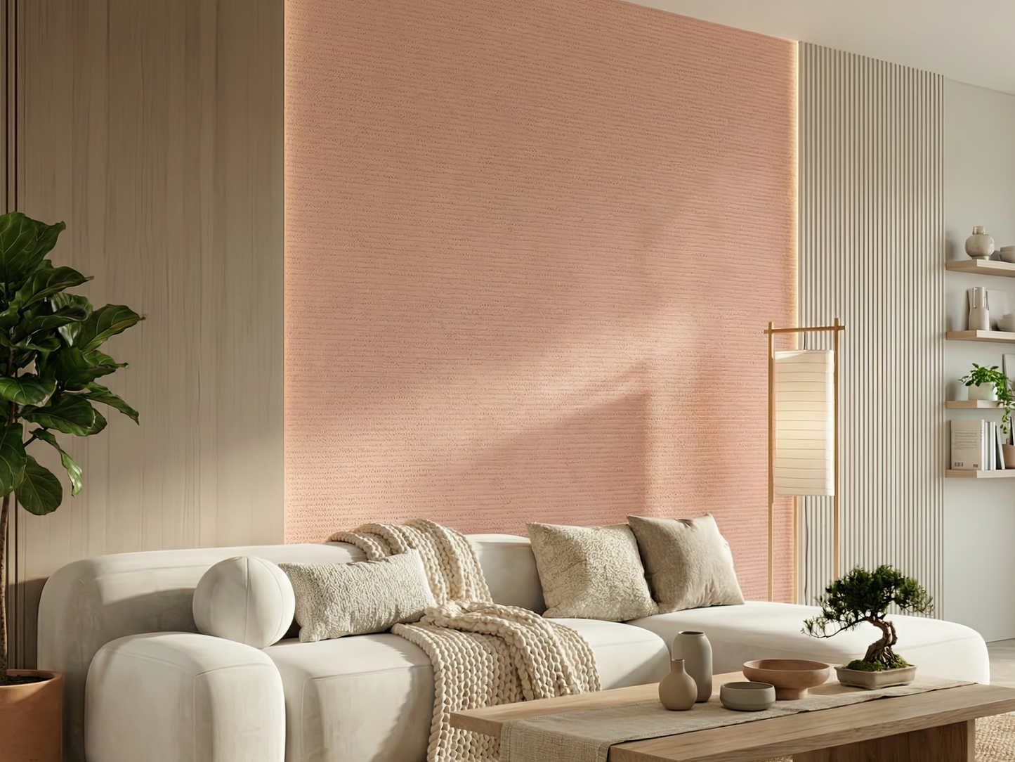 Tokigaracha Japandi quiet colour wallpaper, gentle pink-brown hue on a living room wall