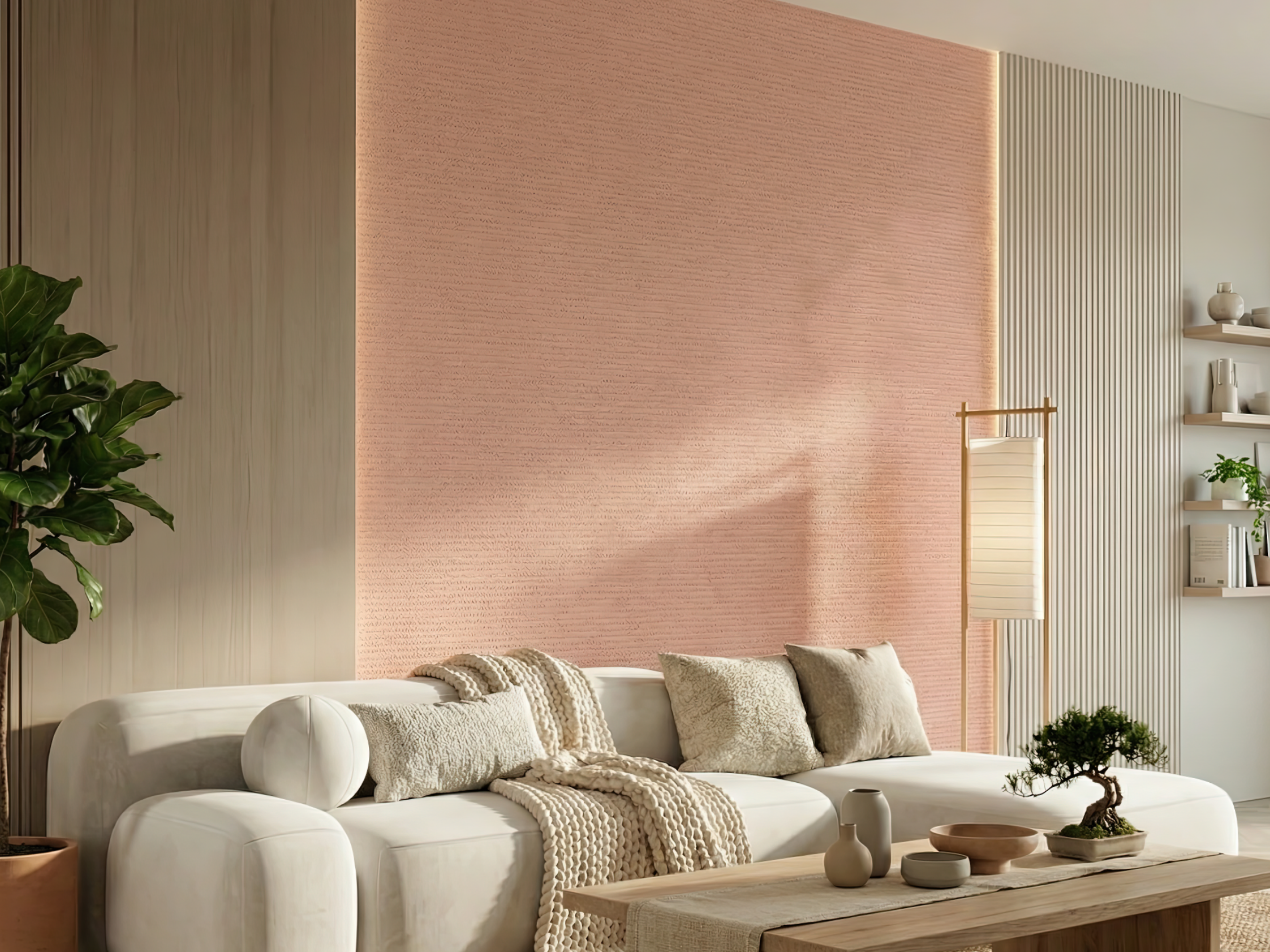 Tokigaracha Japandi quiet colour wallpaper, gentle pink-brown hue on a living room wall