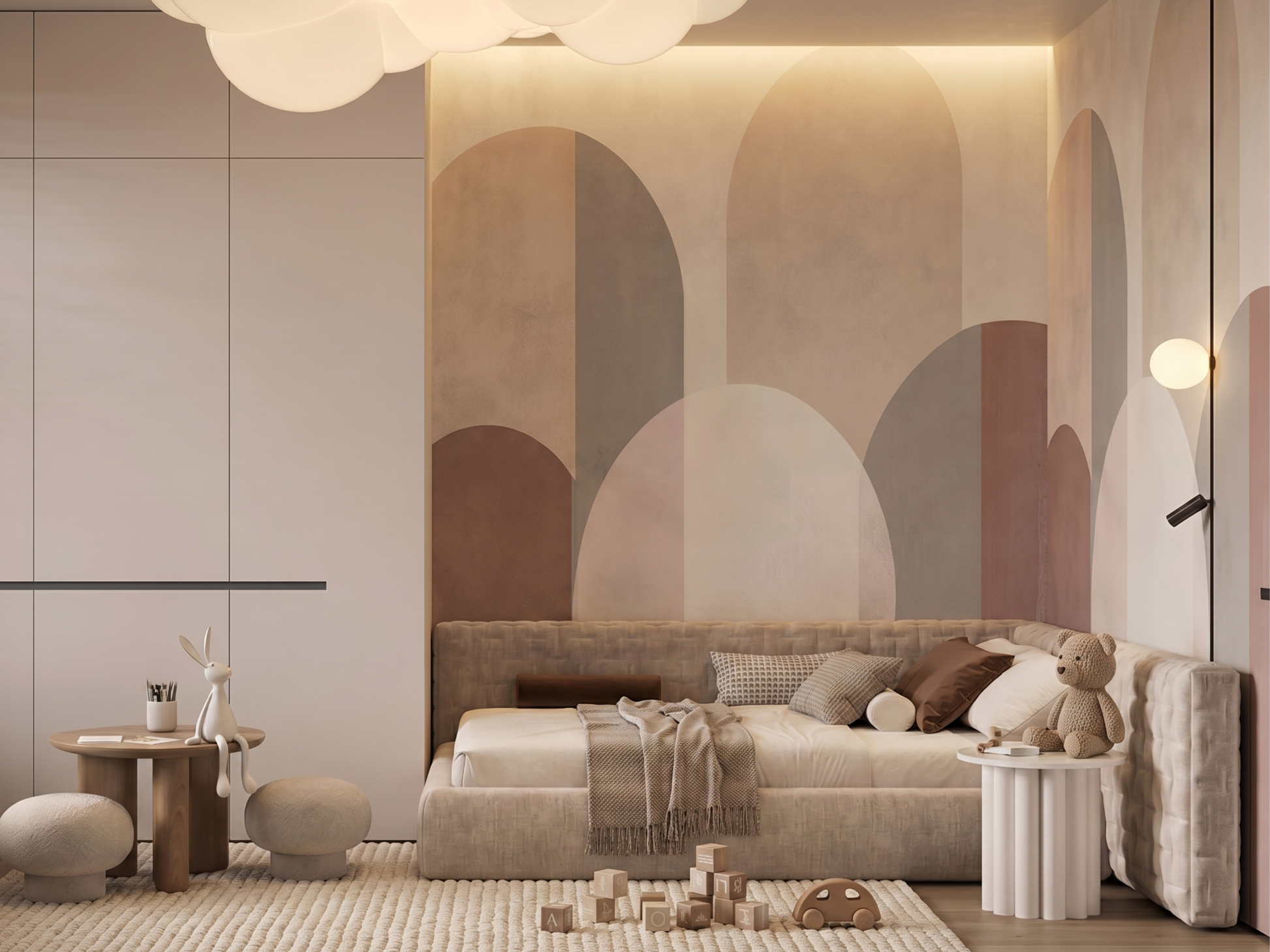 Tsubaki Vista Japandi mural wallpaper, soft camellia and rolling hill forms in neutral tones on a living room wall