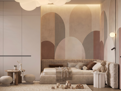 Tsubaki Vista Japandi mural wallpaper, soft camellia and rolling hill forms in neutral tones on a living room wall