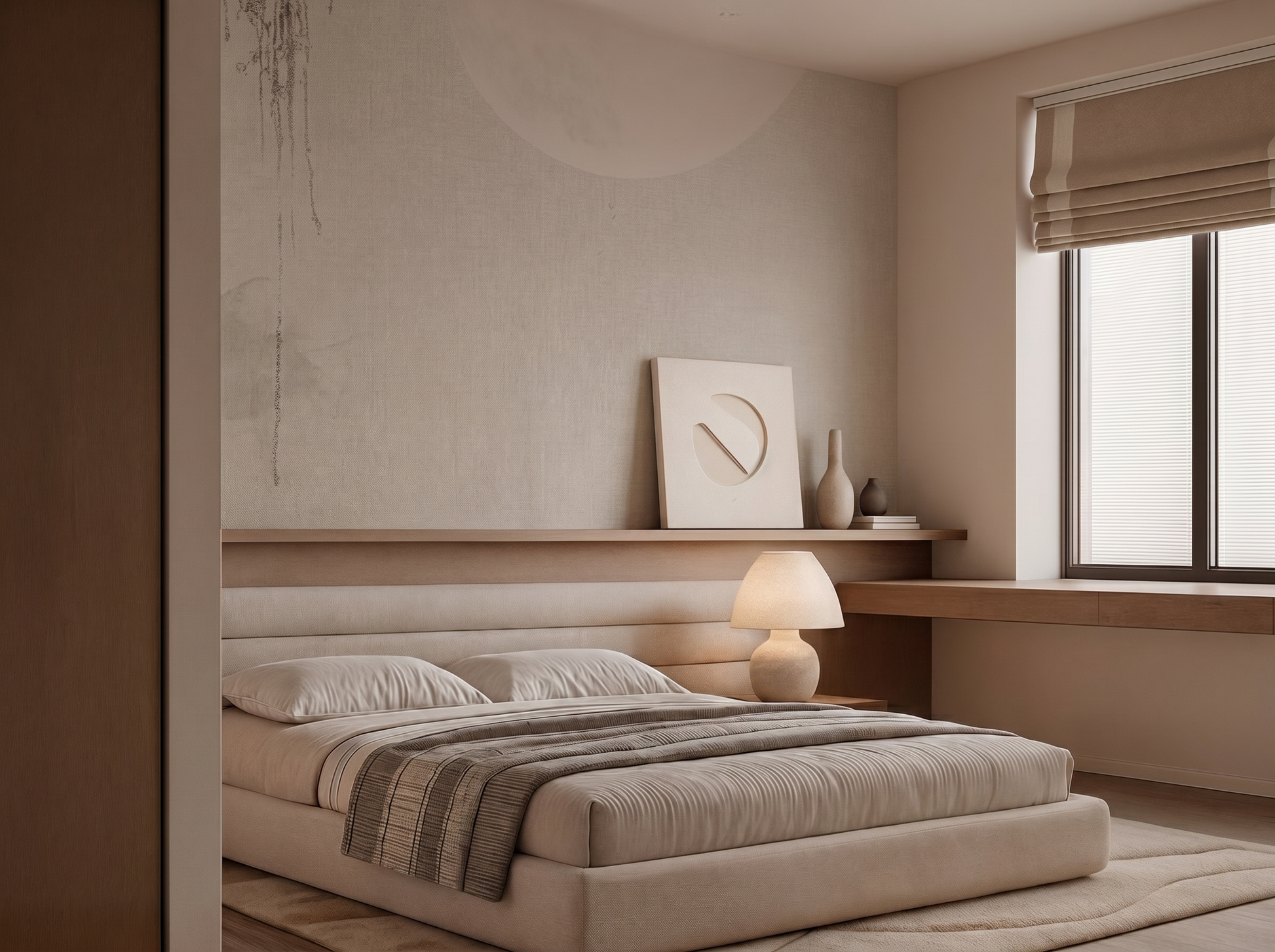 Tsuki Glow Japandi mural wallpaper, soft moonlit glow in deep calm tones on a bedroom wall
