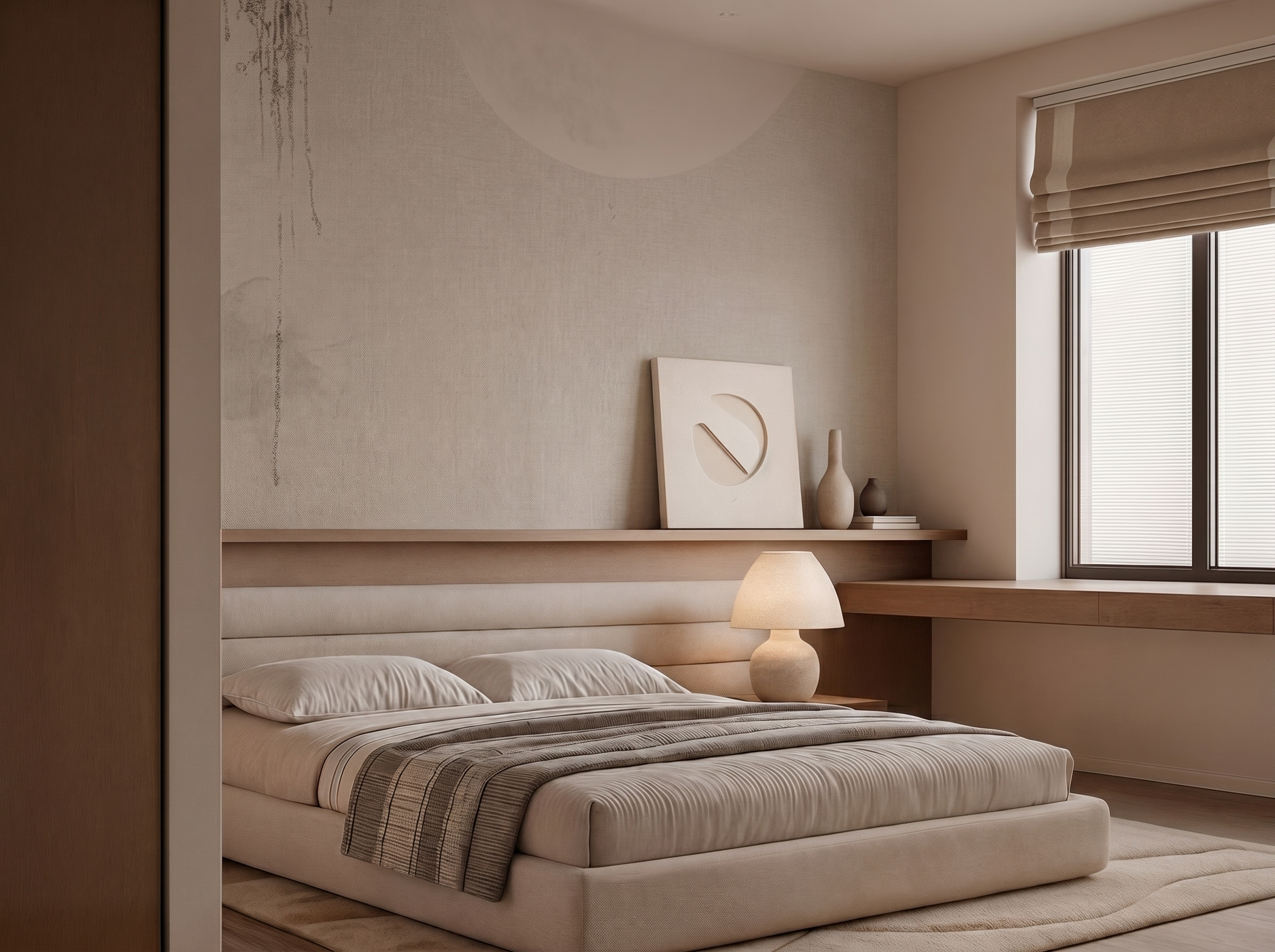 Tsuki Glow Japandi mural wallpaper, soft moonlit glow in deep calm tones on a bedroom wall
