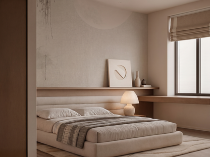 Tsuki Glow Japandi mural wallpaper, soft moonlit glow in deep calm tones on a bedroom wall
