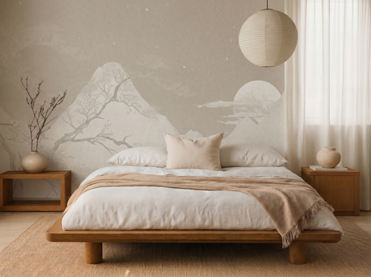 Tsukiyo Plain Japandi mural wallpaper styled in a bedroom setting