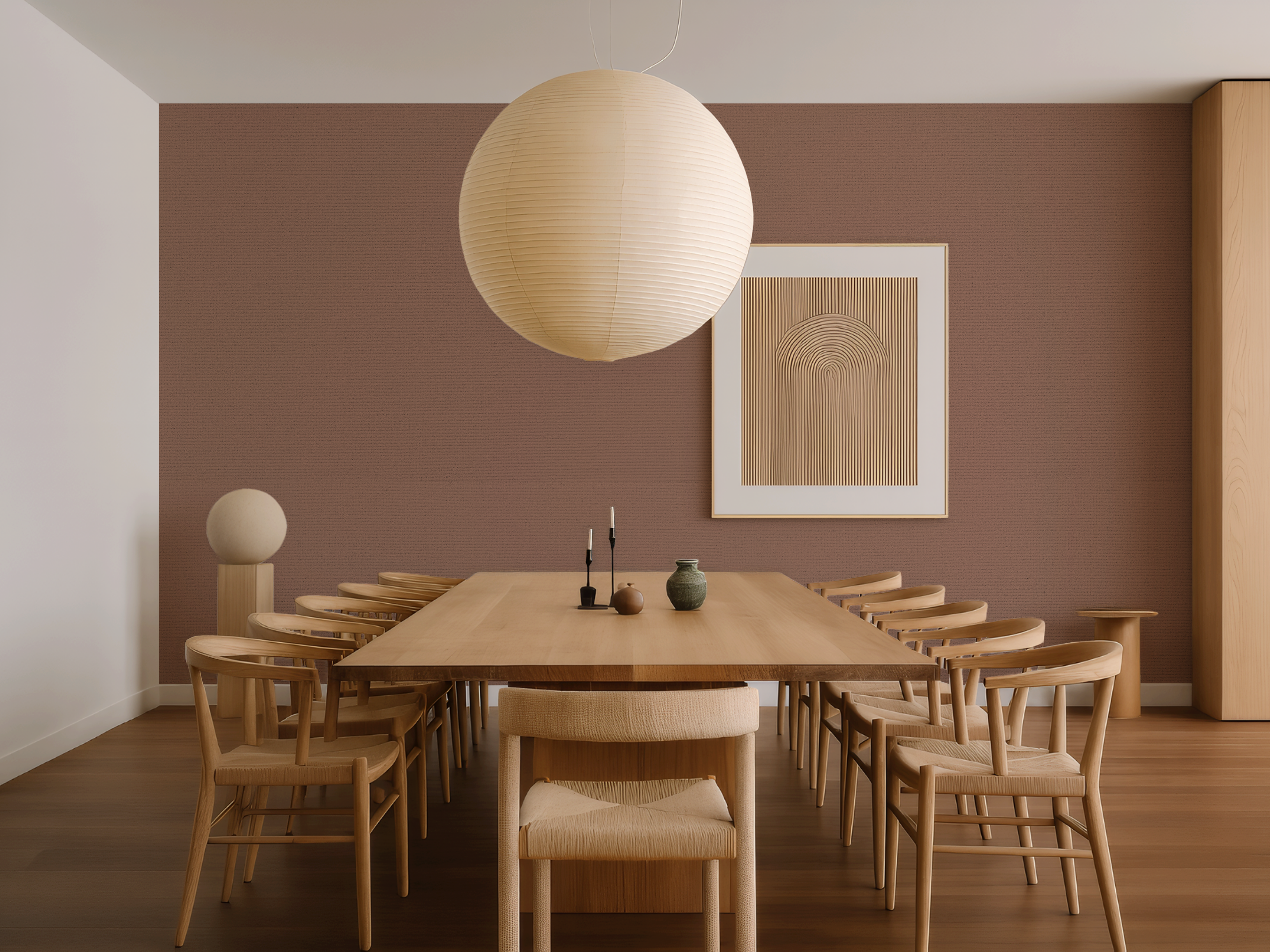 Umezome Japandi quiet colour wallpaper, warm blossom-inspired hue on a living room wall