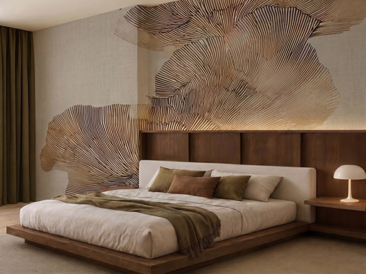 Uzu Depth Japandi mural wallpaper styled in a bedroom setting