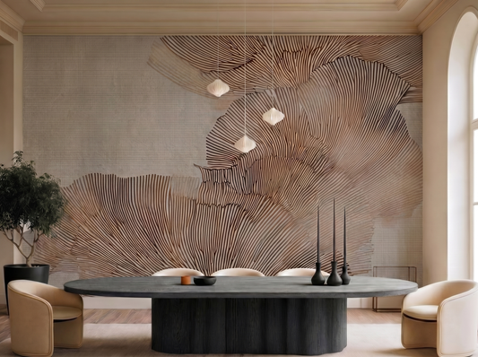 Uzu Depth Japandi mural wallpaper, soft spiralling lines in earthy neutral tones on a living room wall