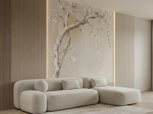 Utsuroi Branch Japandi mural wallpaper styled in a living room setting
