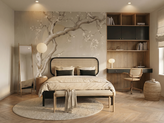 Utsuroi Branch Japandi mural wallpaper, a soft twisting branch with delicate blossoms on a bedroom wall