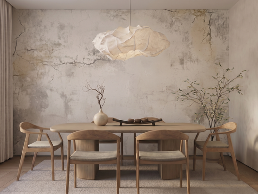 Wabi Texture Japandi mural wallpaper, soft weathered plaster texture in neutral tones on a living room wall