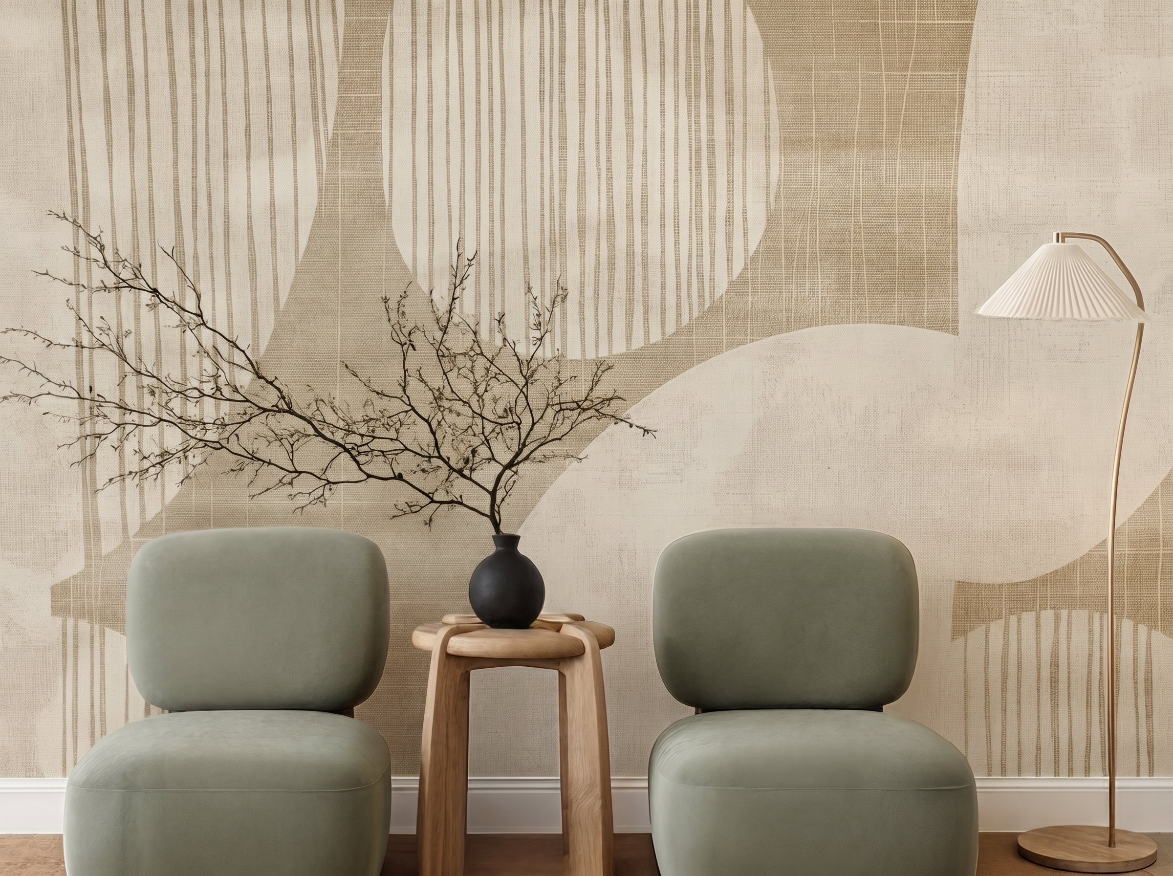 Wabi-Sabi Circle Japandi mural wallpaper, soft imperfect circles in neutral tones on a living room wall