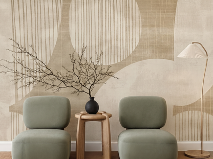 Wabi-Sabi Circle Japandi mural wallpaper, soft imperfect circles in neutral tones on a living room wall