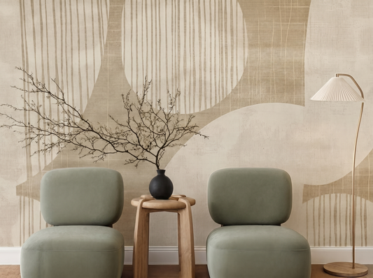 Wabi-Sabi Circle Japandi mural wallpaper, soft imperfect circles in neutral tones on a living room wall