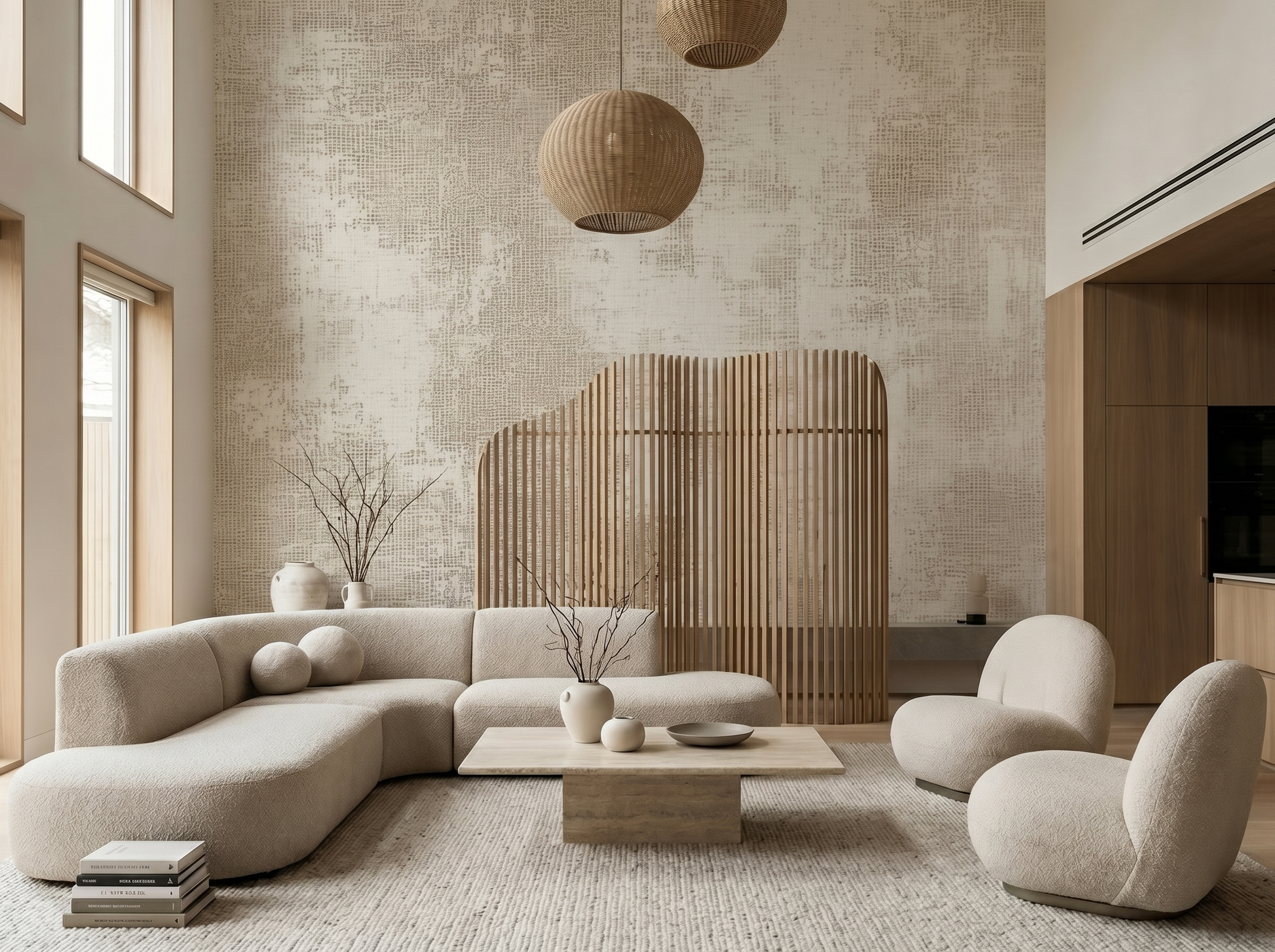 Wataru Dust Japandi mural wallpaper, soft weathered sun-washed tones on a living room wall