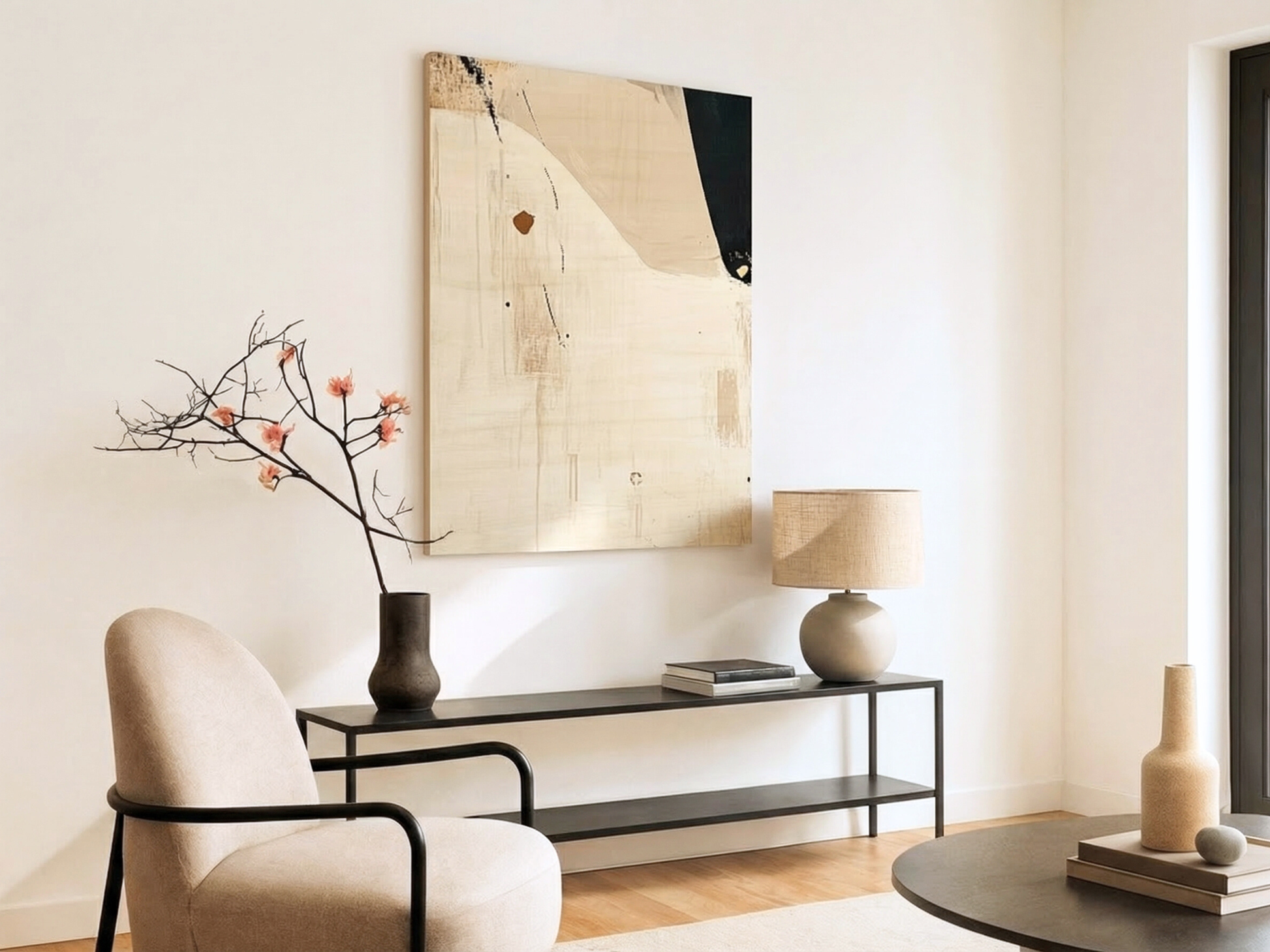Whispering Contours Japandi wooden wall art styled in a bedroom setting