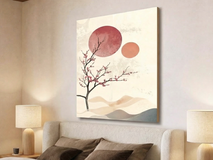 Whispers of Spring Japandi wooden wall art styled in a living room setting