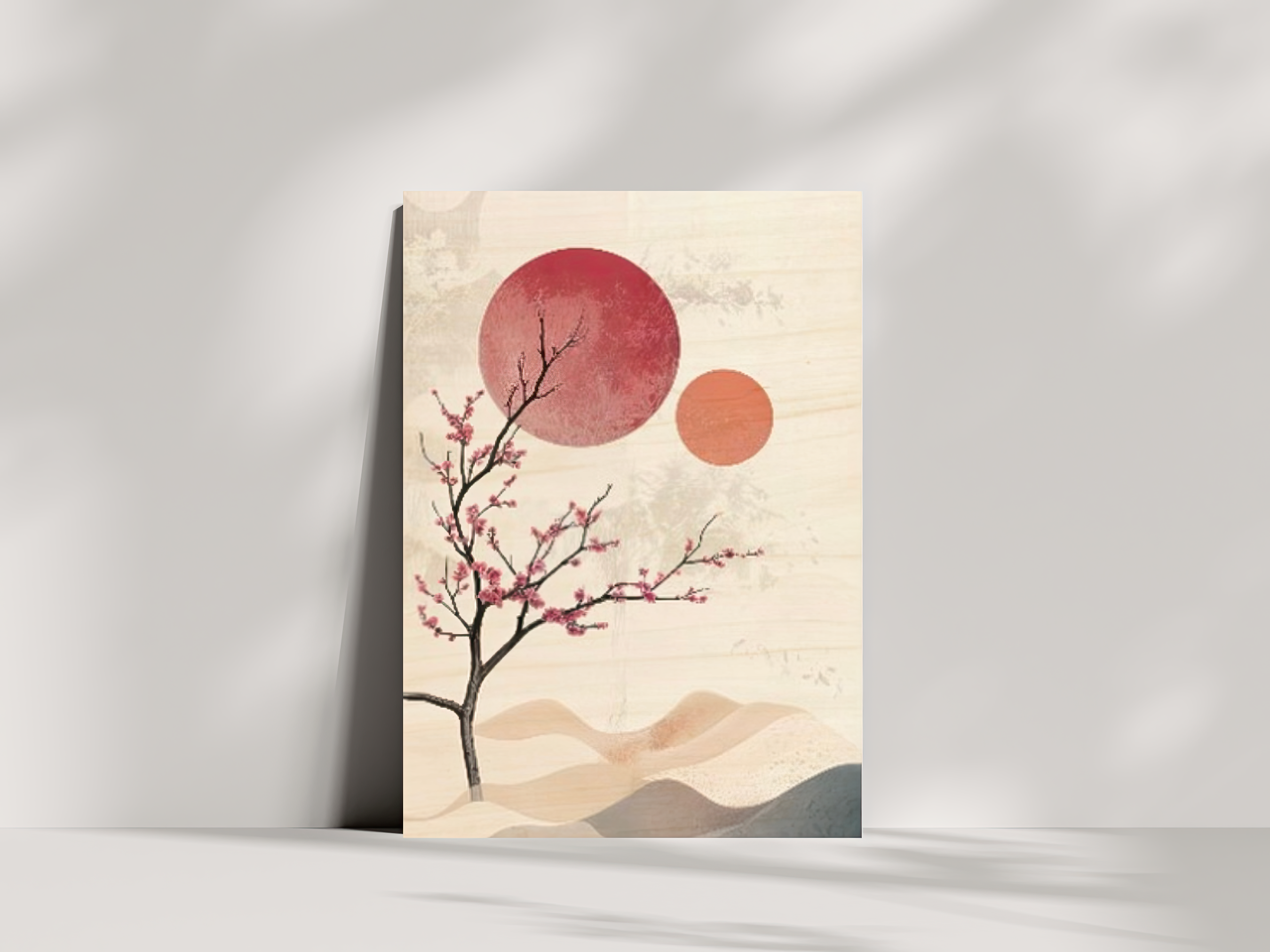 Whispers of Spring Japandi wooden wall art, cherry blossom tree with pink petals on a bedroom wall