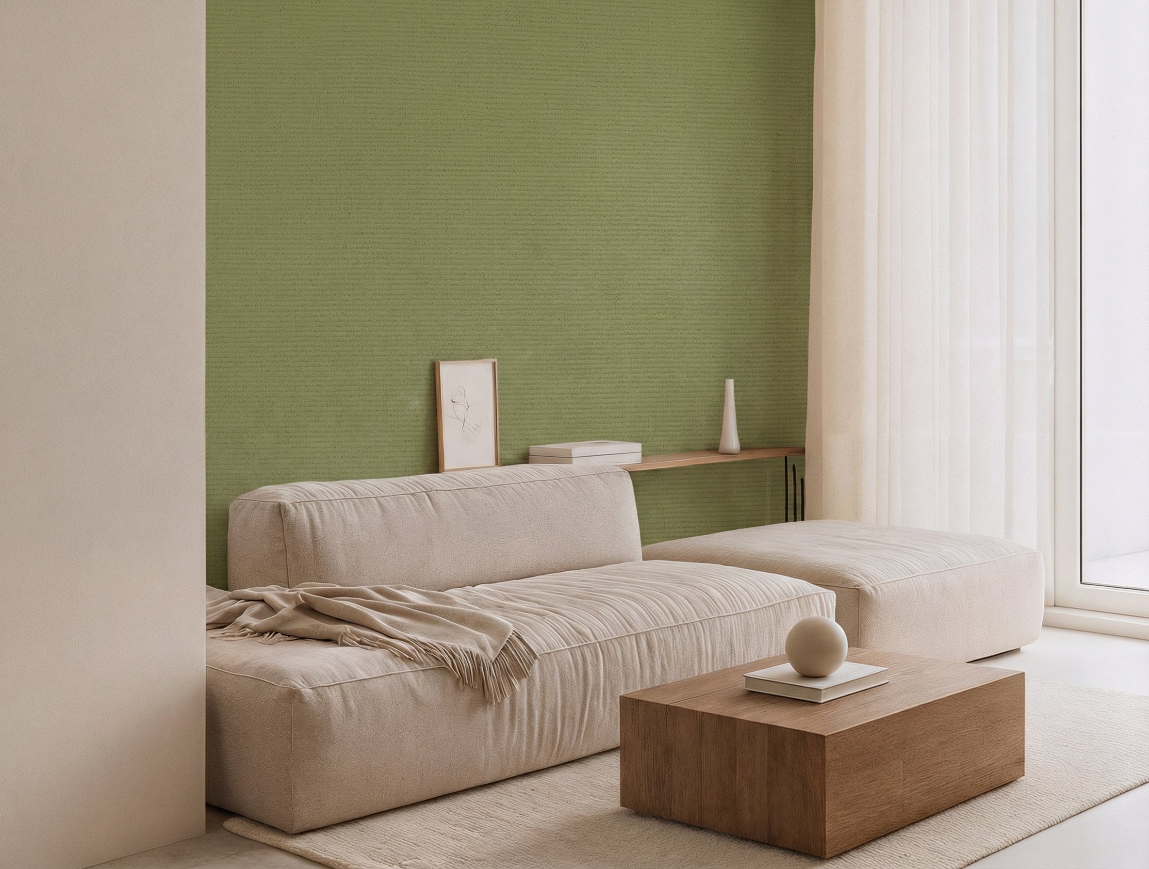 Yanagicha Japandi quiet colour wallpaper, soft yellow-green hue on a living room wall