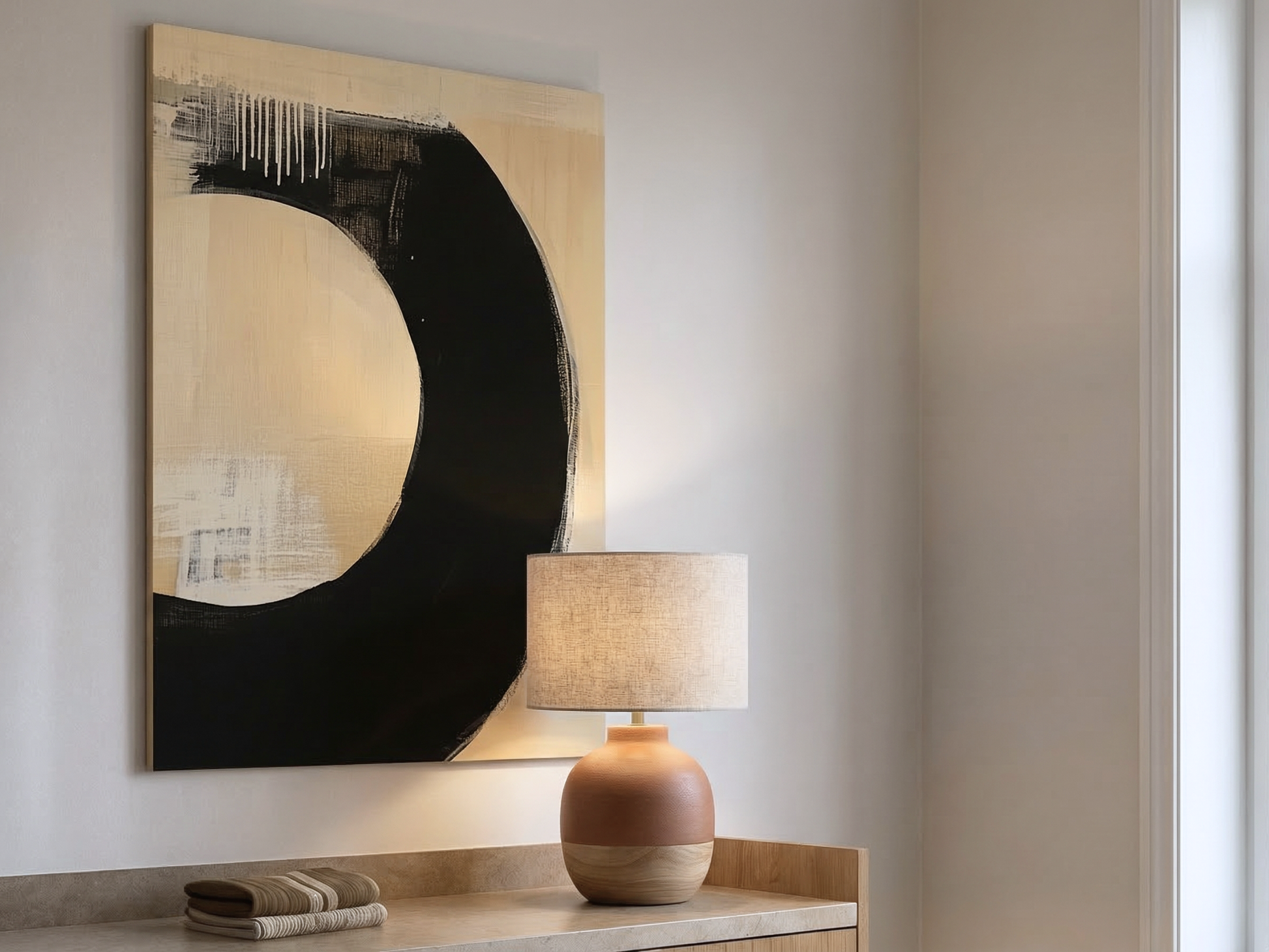 Zen Eclipse Japandi wooden wall art styled in a study setting
