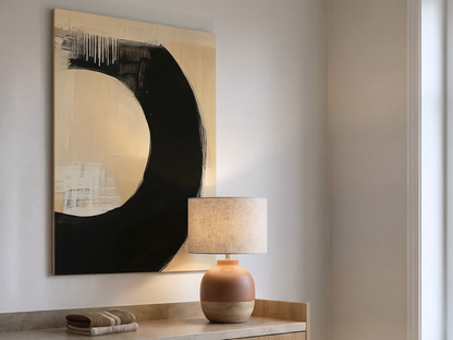 Zen Eclipse Japandi wooden wall art styled in a study setting