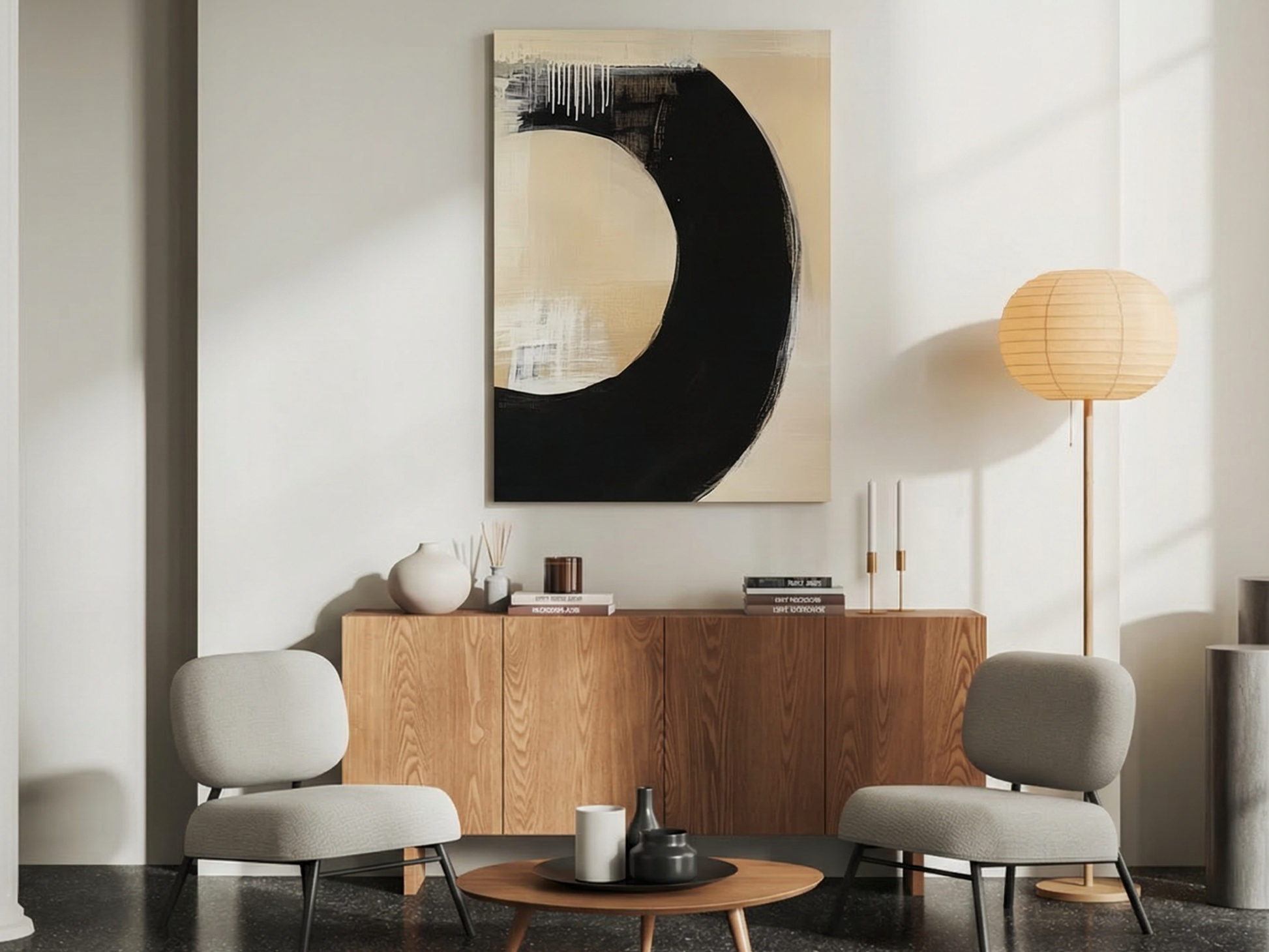 Close-up of Zen Eclipse wooden wall art showing black arc detail