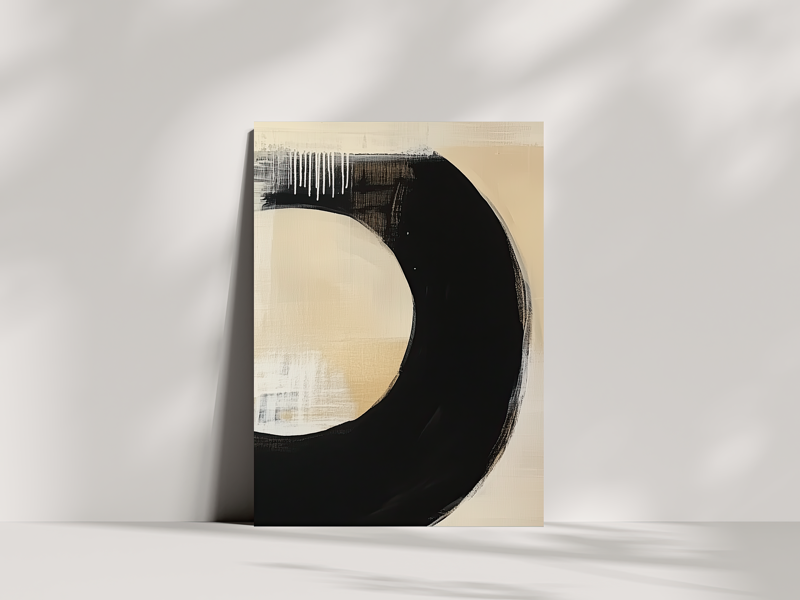 Zen Eclipse Japandi wooden wall art, bold sweeping black arc on a living room wall