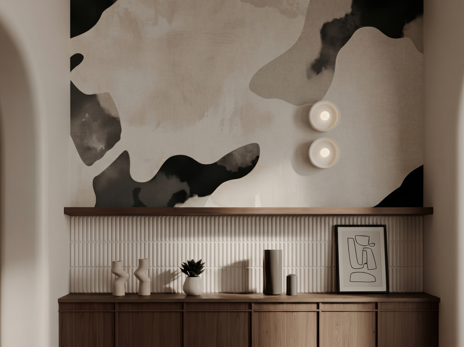 Zen Mist Japandi mural wallpaper, soft misty tones over a calm neutral bedroom wall