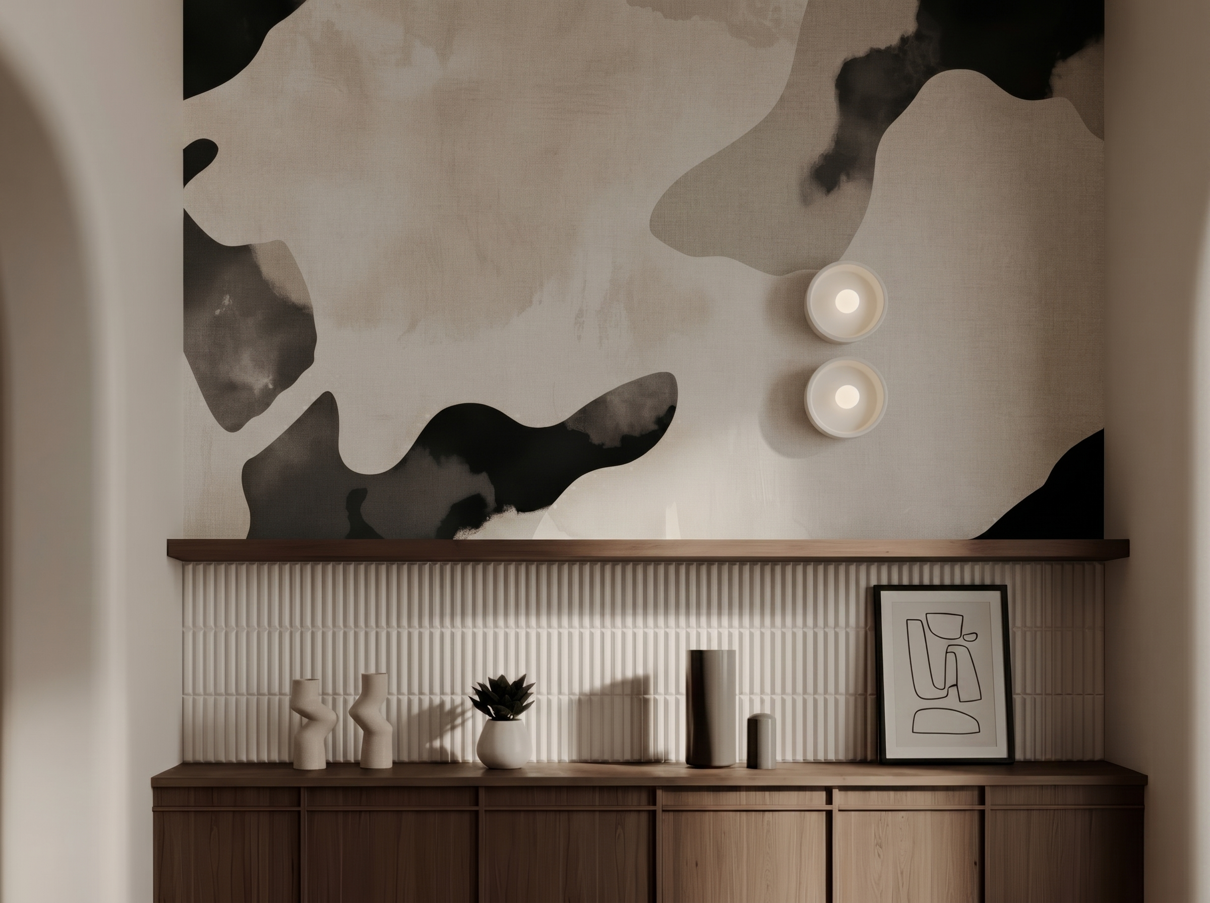Zen Mist Japandi mural wallpaper, soft misty tones over a calm neutral bedroom wall