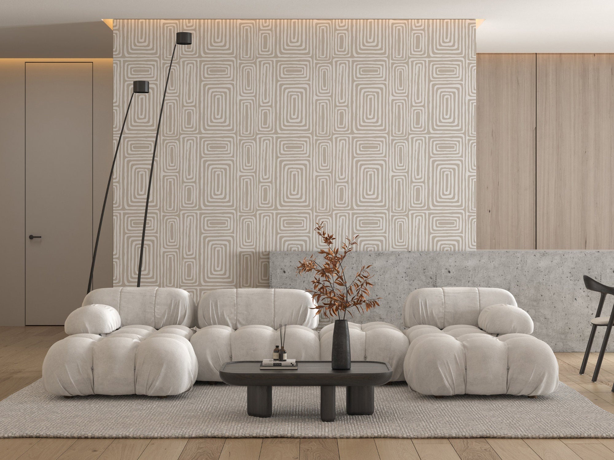Tranquil Geometry Japandi pattern wallpaper, soft hand-drawn repeating forms on a living room wall