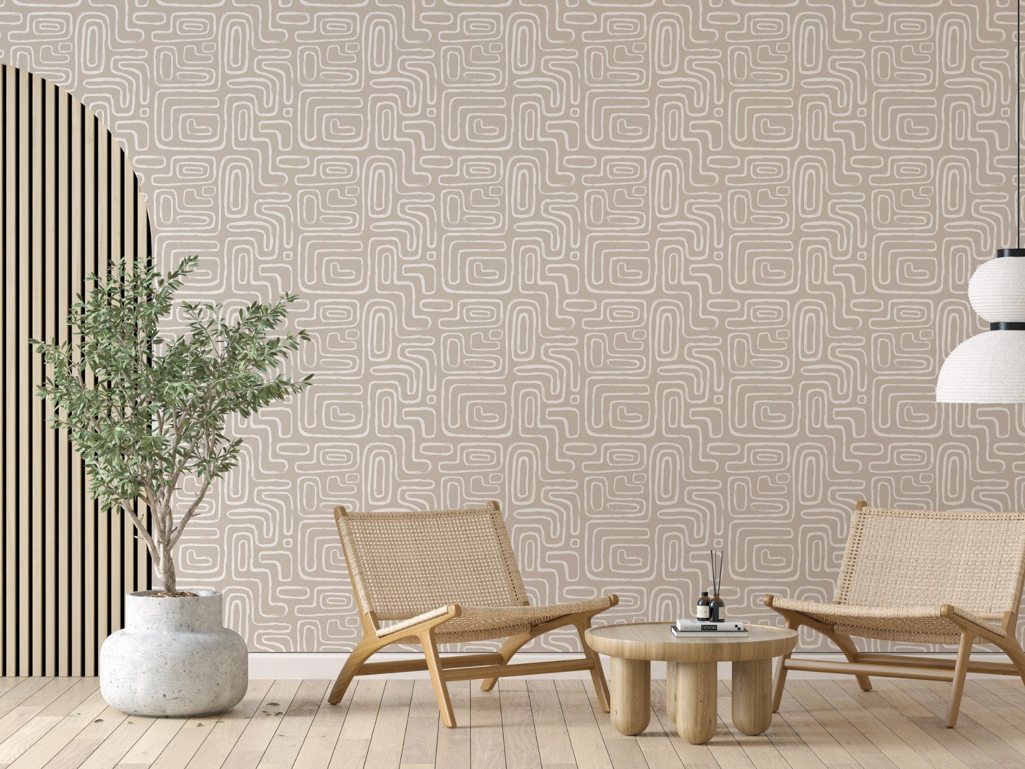 Calm Labyrinth Japandi pattern wallpaper, soft hand-drawn winding lines on a living room wall