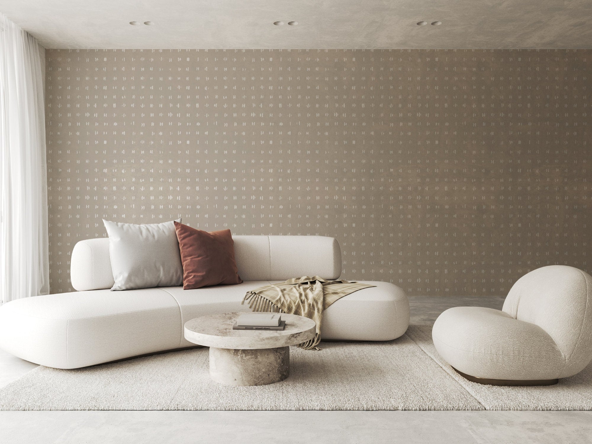 Zen Dot Harmony Japandi pattern wallpaper, soft imperfect dots on a bedroom wall