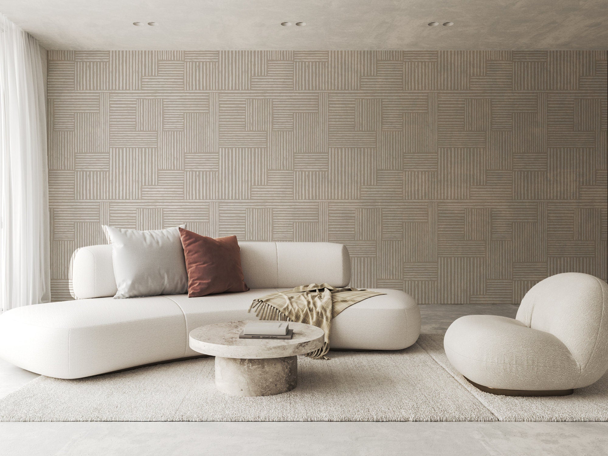 Zen Weave Japandi pattern wallpaper, soft woven dune-inspired texture on a living room wall