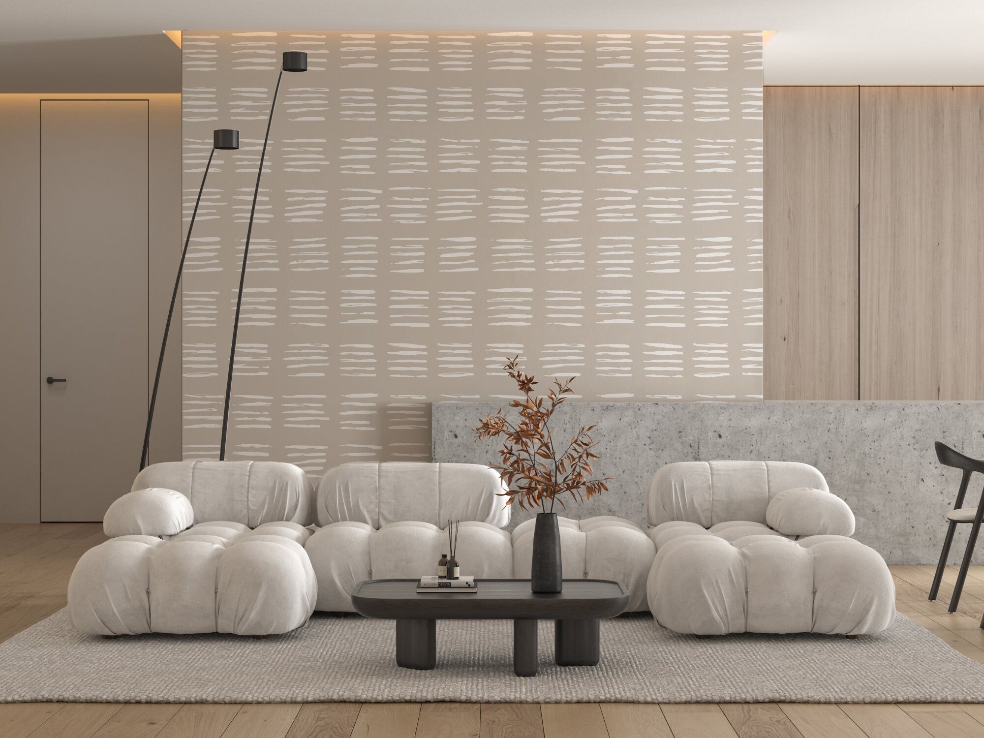 Serene Strokes Japandi pattern wallpaper, soft hand-drawn marks on a living room wall