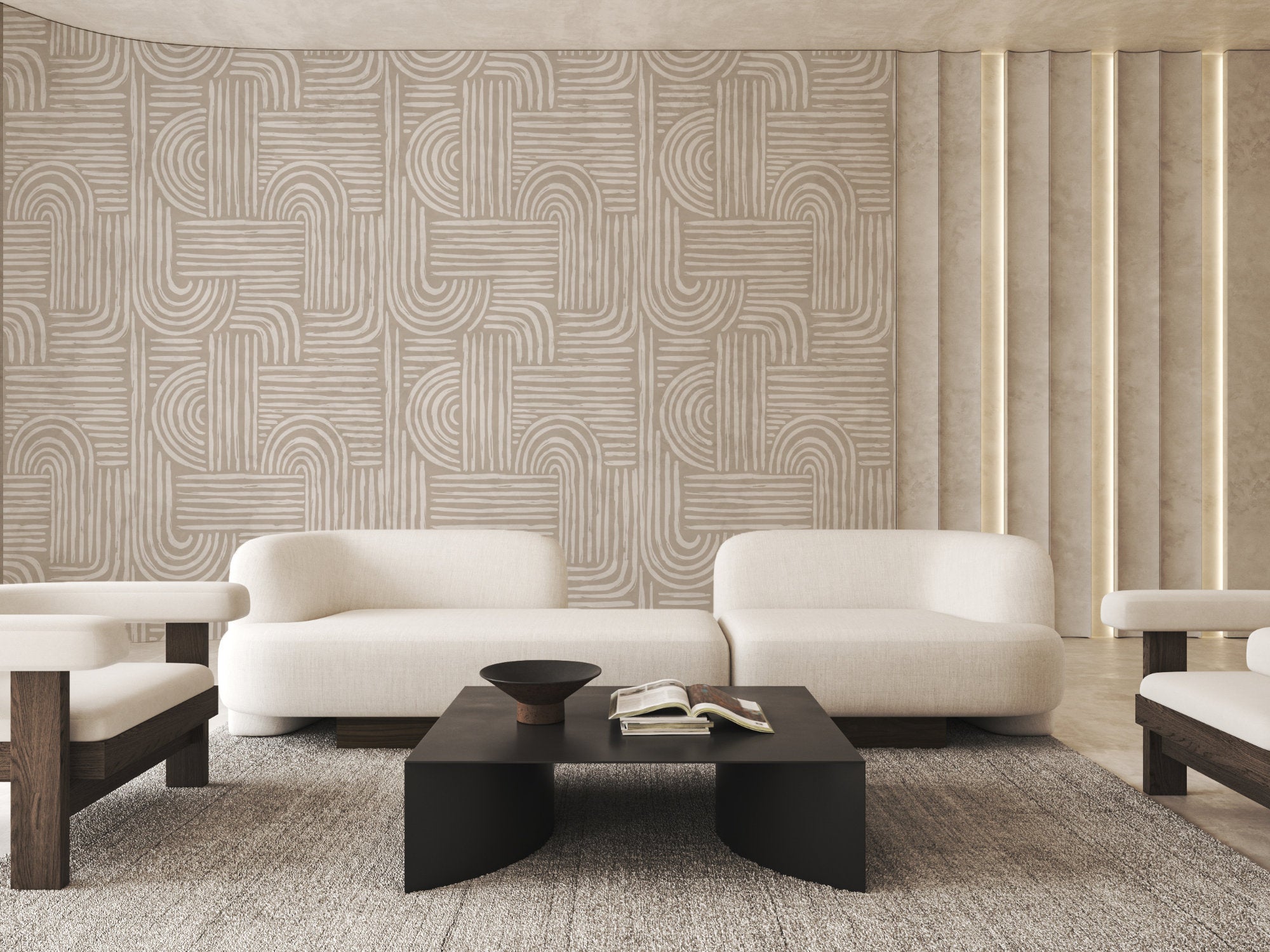 Harmony Arcs Japandi pattern wallpaper, soft hand-drawn curved strokes on a living room wall