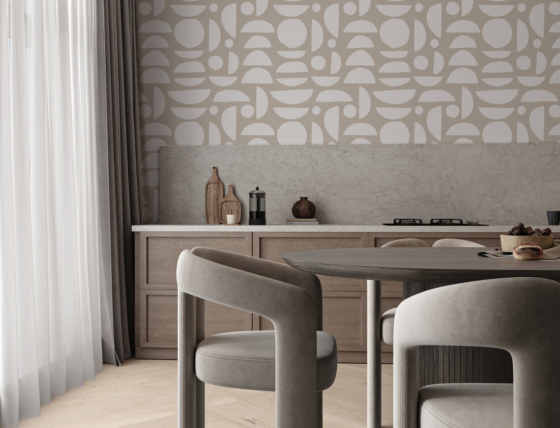 Serene Geometry Japandi pattern wallpaper, soft organic shapes on a living room wall