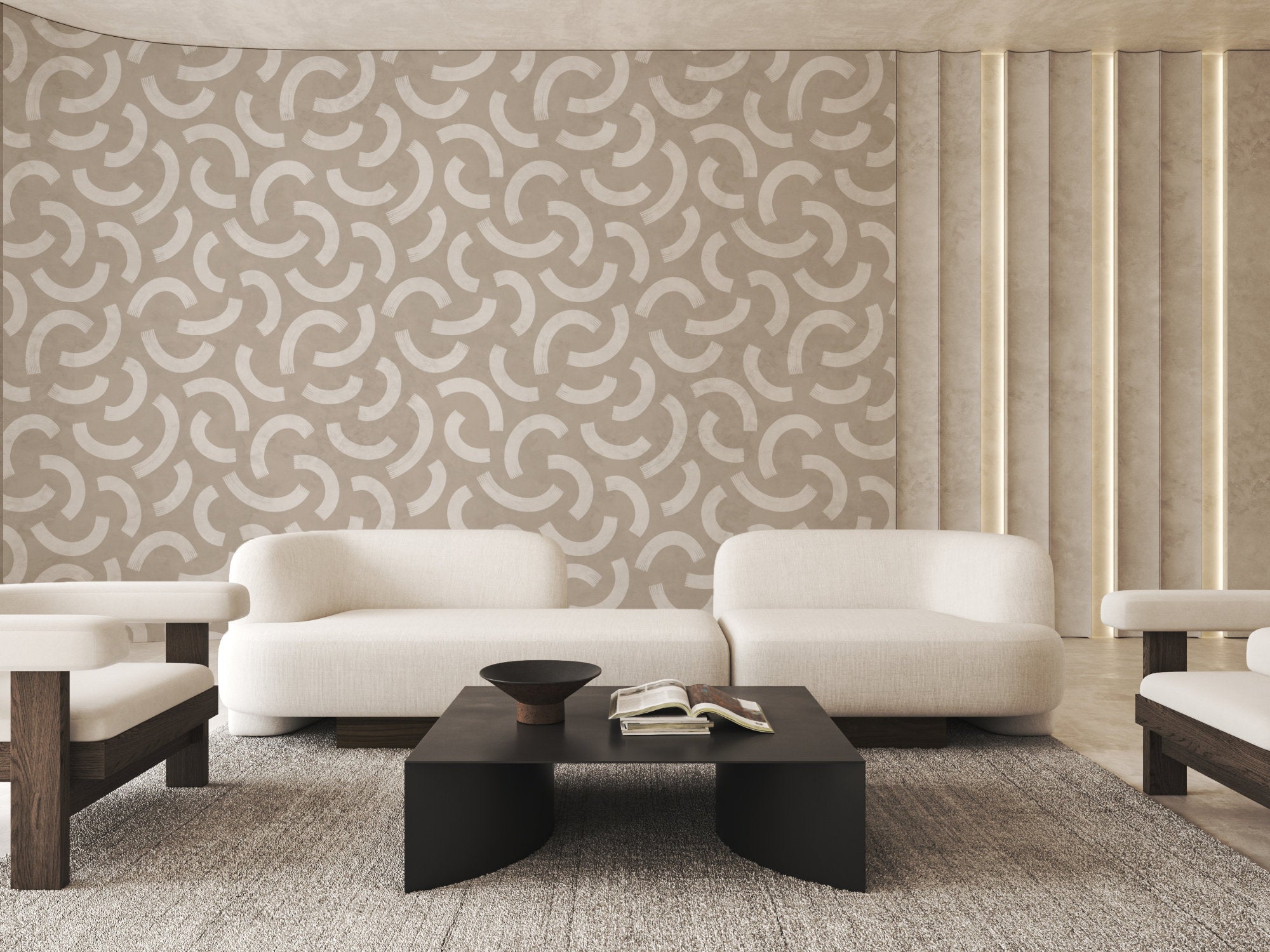 Serenity Circles Japandi pattern wallpaper, soft repeating circular forms on a living room wall