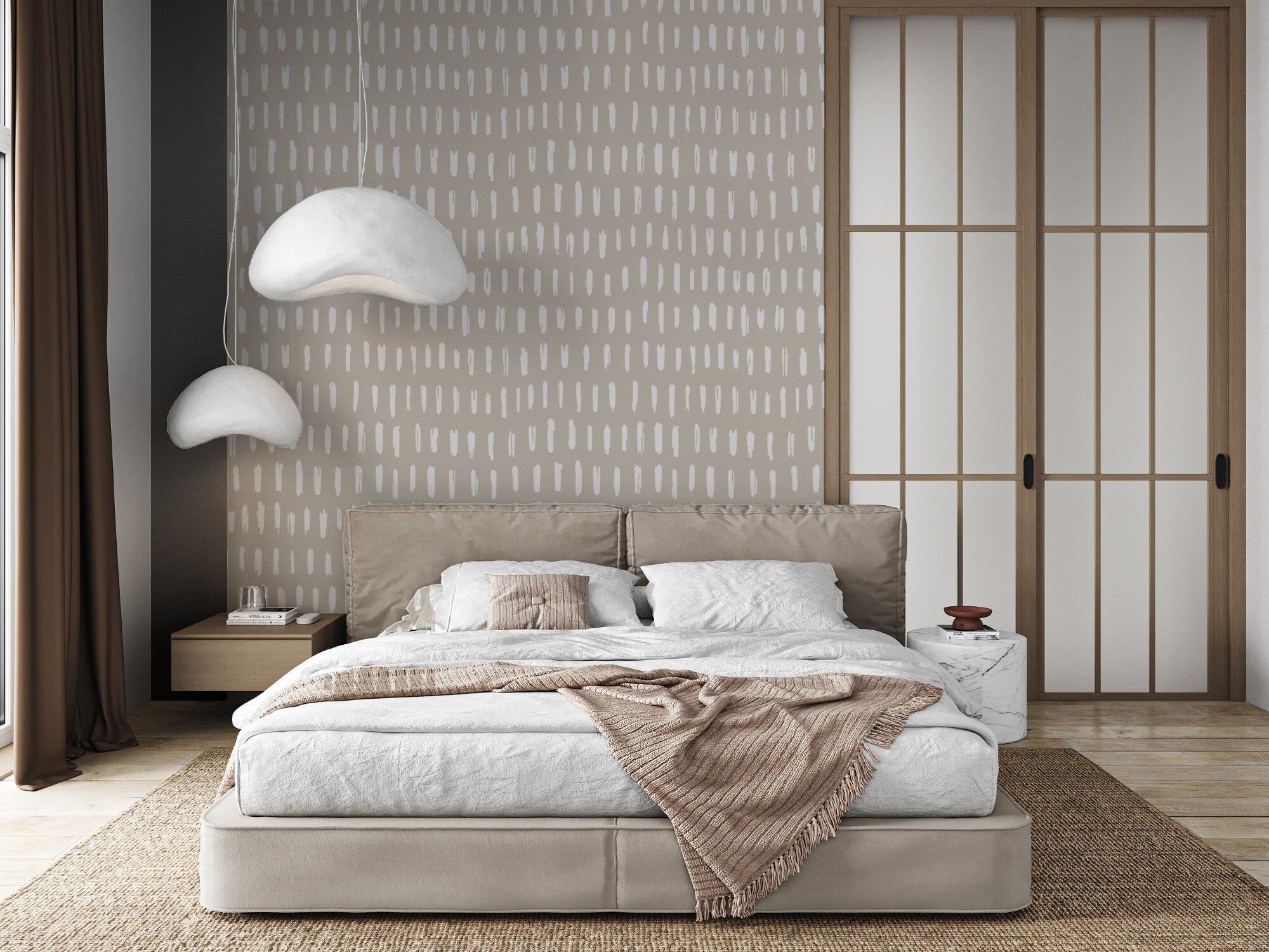Calm Cascade Japandi pattern wallpaper, soft repeating droplet forms on a living room wall