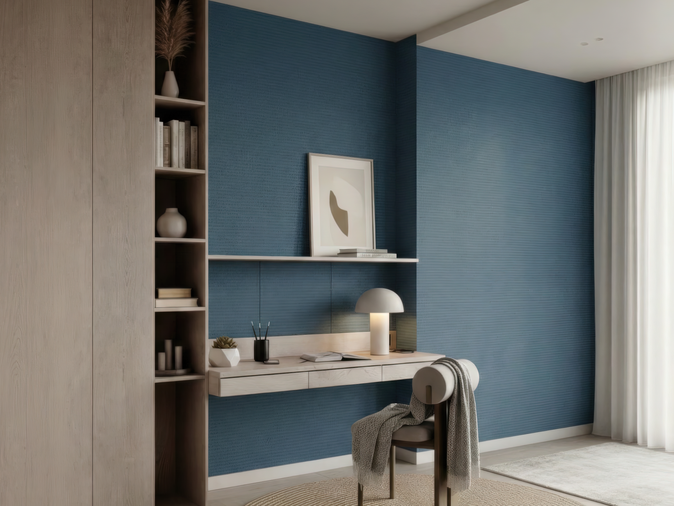Omeshionando Japandi quiet colour wallpaper, refined muted blue hue on a living room wall